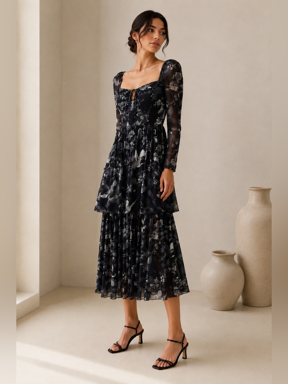 NEW All Saints Womenโs Devyn Peggy Floral Print Long Sleeve Maxi Dress Black 0